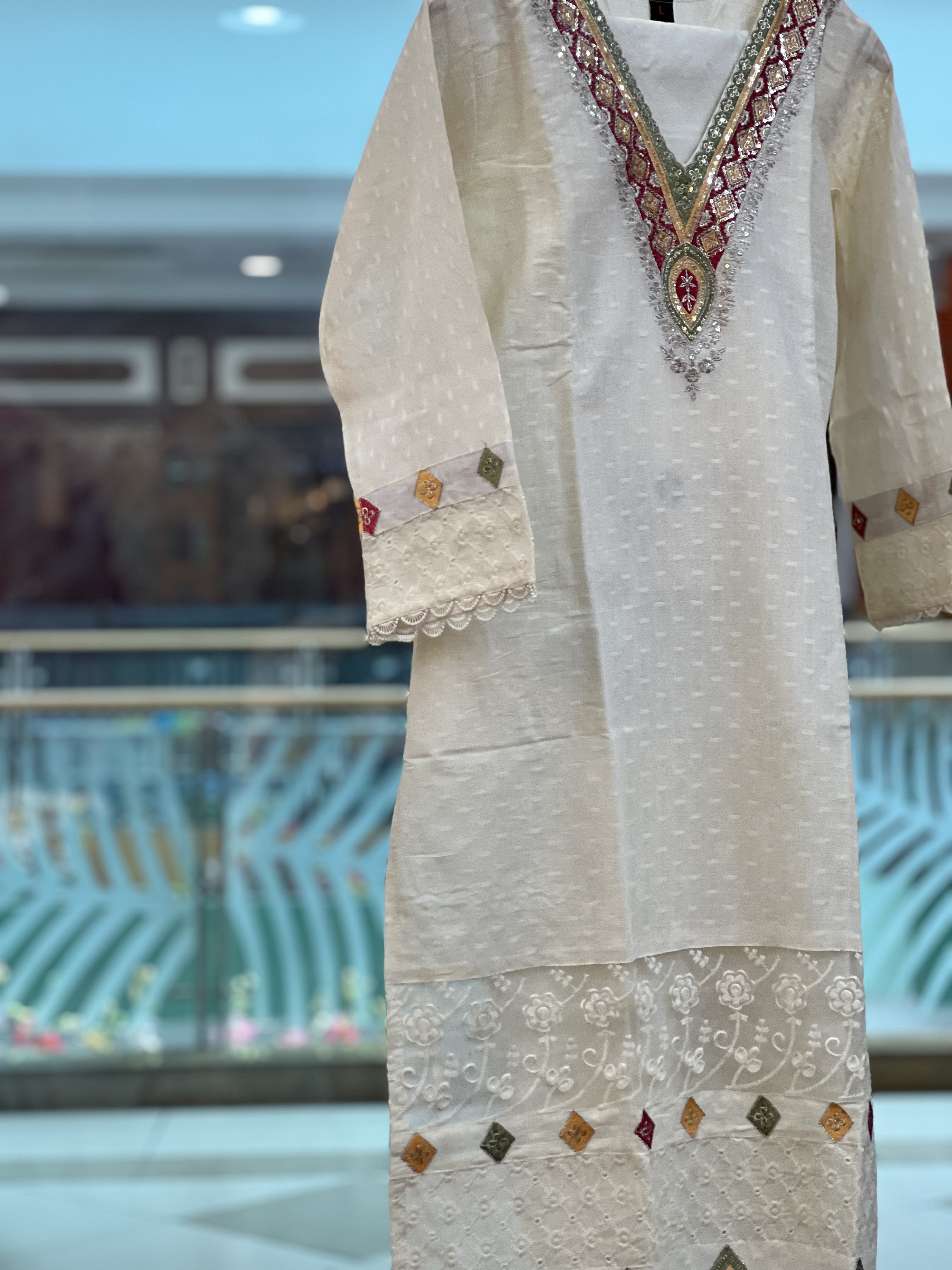 Women’s White Chikankari Embroidered Cotton Three Piece Suit Set 