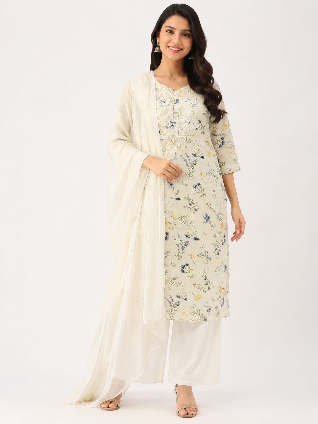 Straight cut  cotton Women’s Floral Embroidered Cotton Kurta Set with Solid Palazzo & Soft Cotton Dupatta | Elegant Ethnic Wear for Festive, Office & Casual Wear
