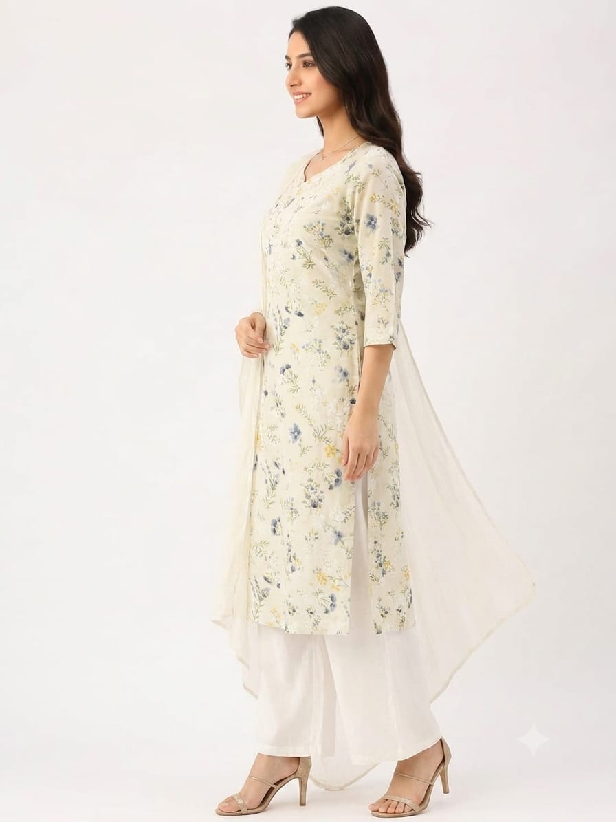 Straight cut  cotton Women’s Floral Embroidered Cotton Kurta Set with Solid Palazzo & Soft Cotton Dupatta | Elegant Ethnic Wear for Festive, Office & Casual Wear