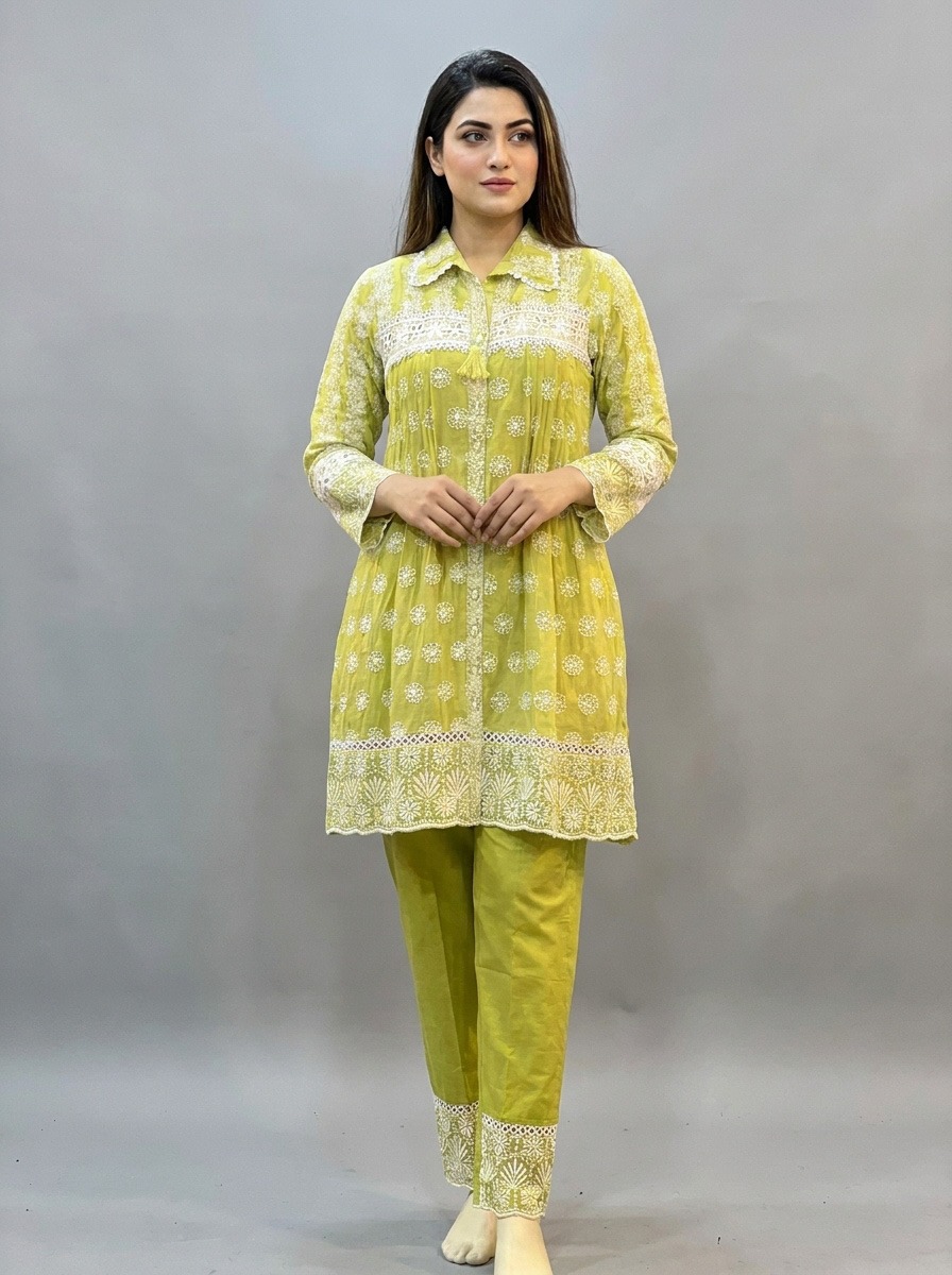  Lime Green Cotton Chikankari Anarkali Suit Set for women