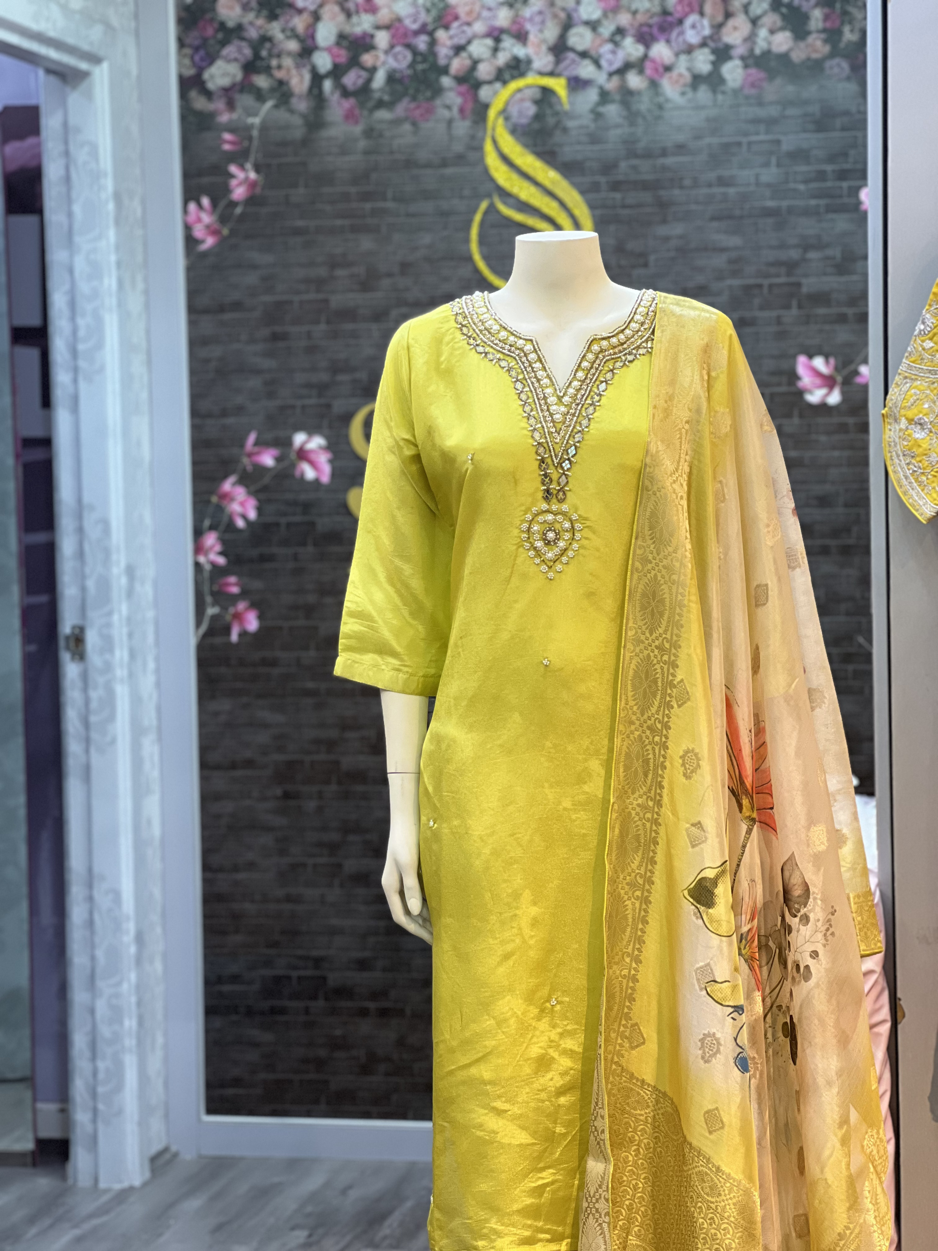 Tissue fabric Straight Kurta Pant Set with Dupatta 