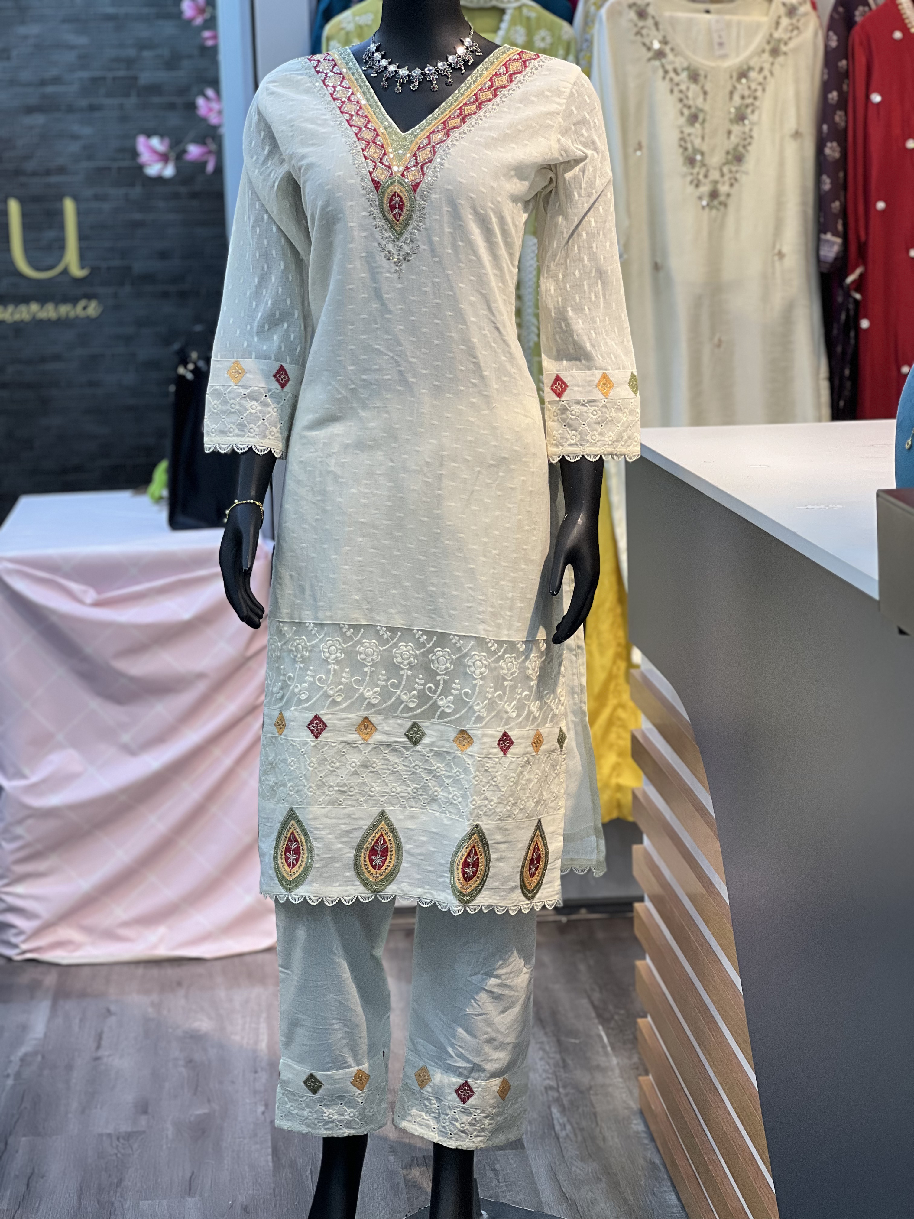 Women’s White Chikankari Embroidered Cotton Three Piece Suit Set 