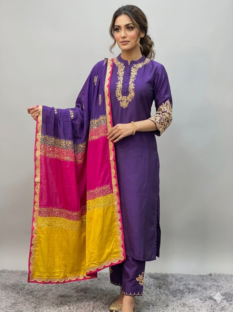 Embroidered Purple Suit Set
