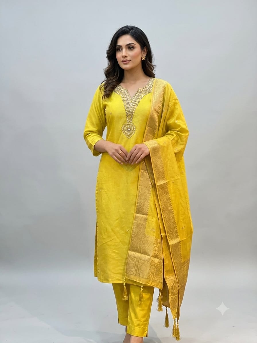 Tissue fabric Straight Kurta Pant Set with Dupatta