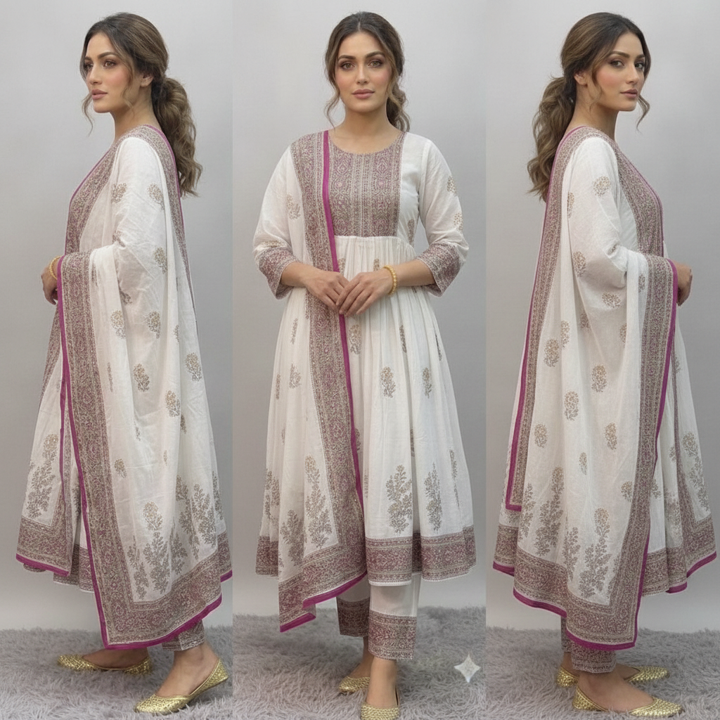 Embroidered White Cotton Suit Set