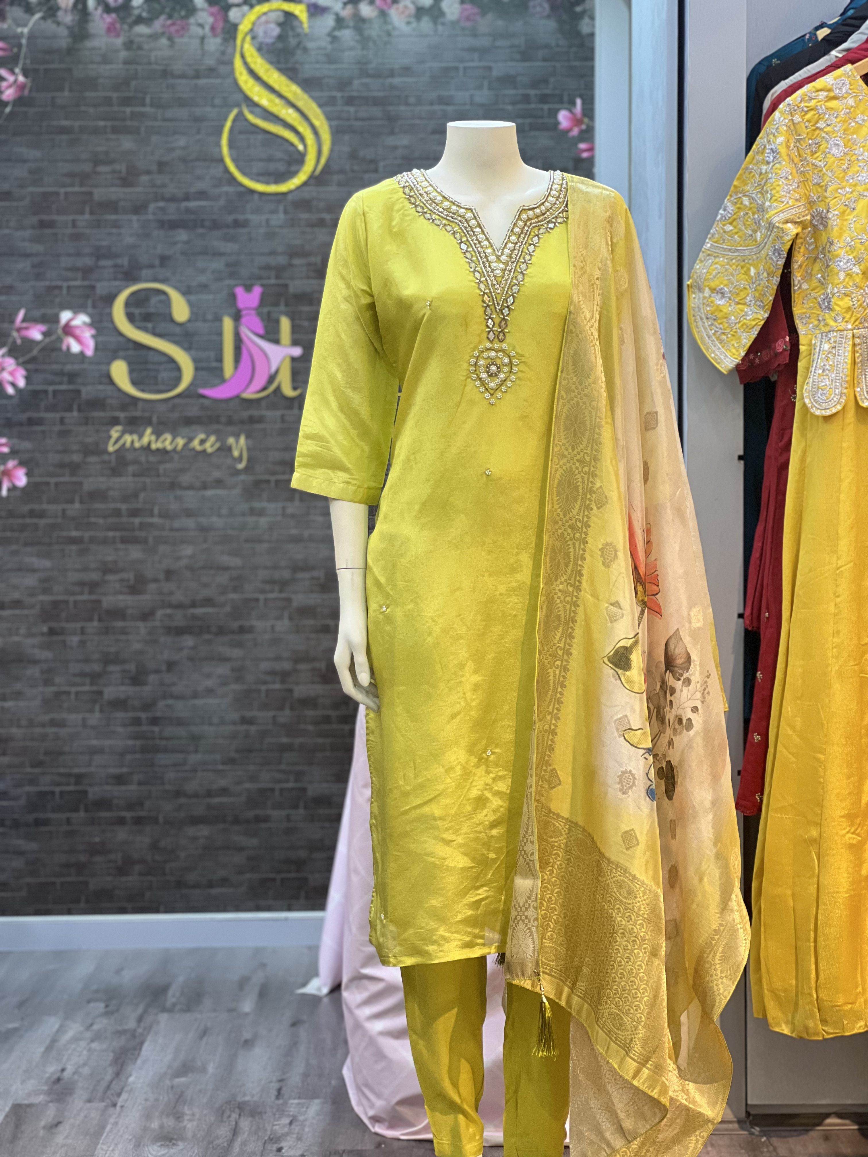 Tissue fabric Straight Kurta Pant Set with Dupatta 