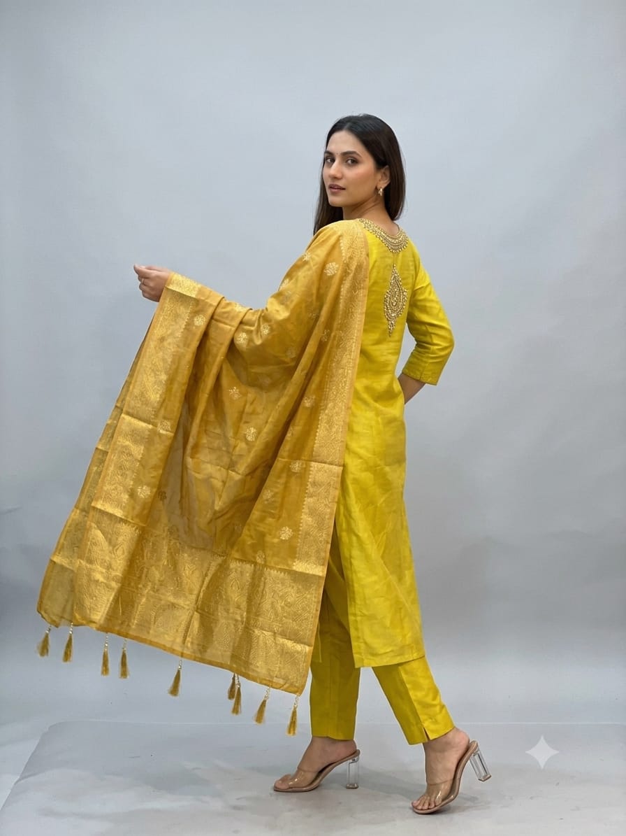 Tissue fabric Straight Kurta Pant Set with Dupatta