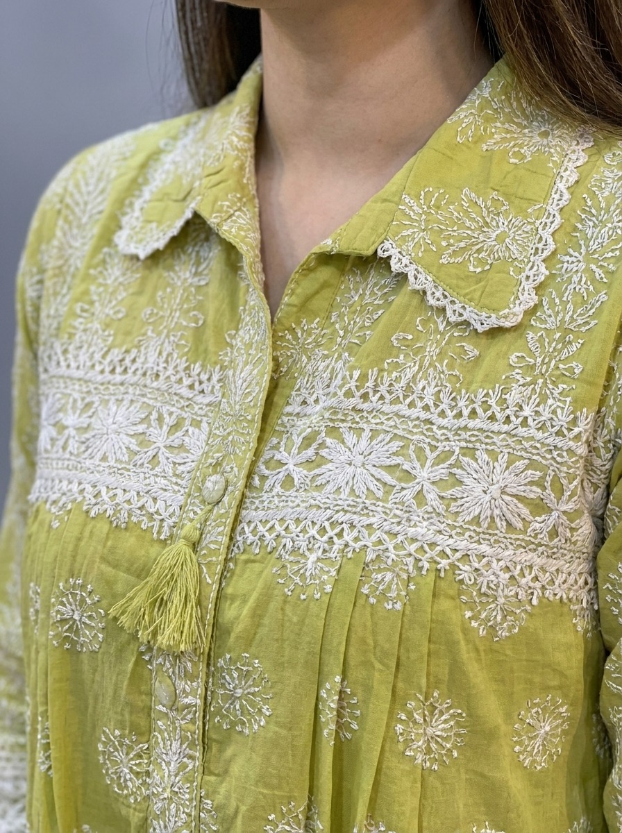  Lime Green Cotton Chikankari Anarkali Suit Set for women