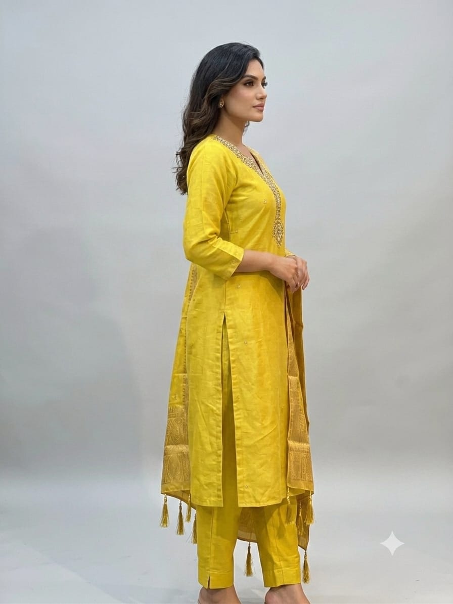 Tissue fabric Straight Kurta Pant Set with Dupatta