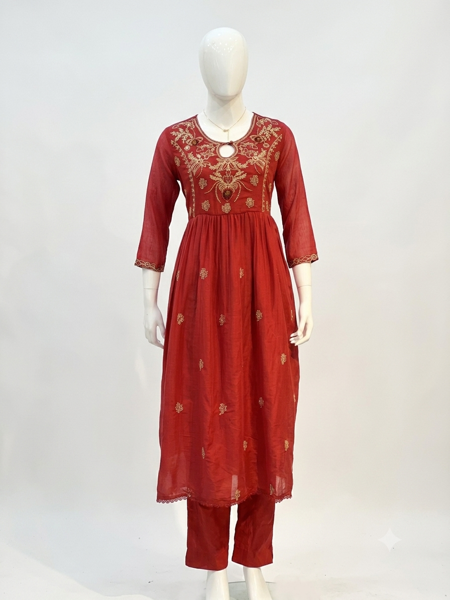 Women’s Red Mul Cotton Anarkali Suit Set with Dupatta | Elegant Embroidered Kurta Palazzo Set | Traditional Ethnic Wear for Festive, Party & Wedding Occasions