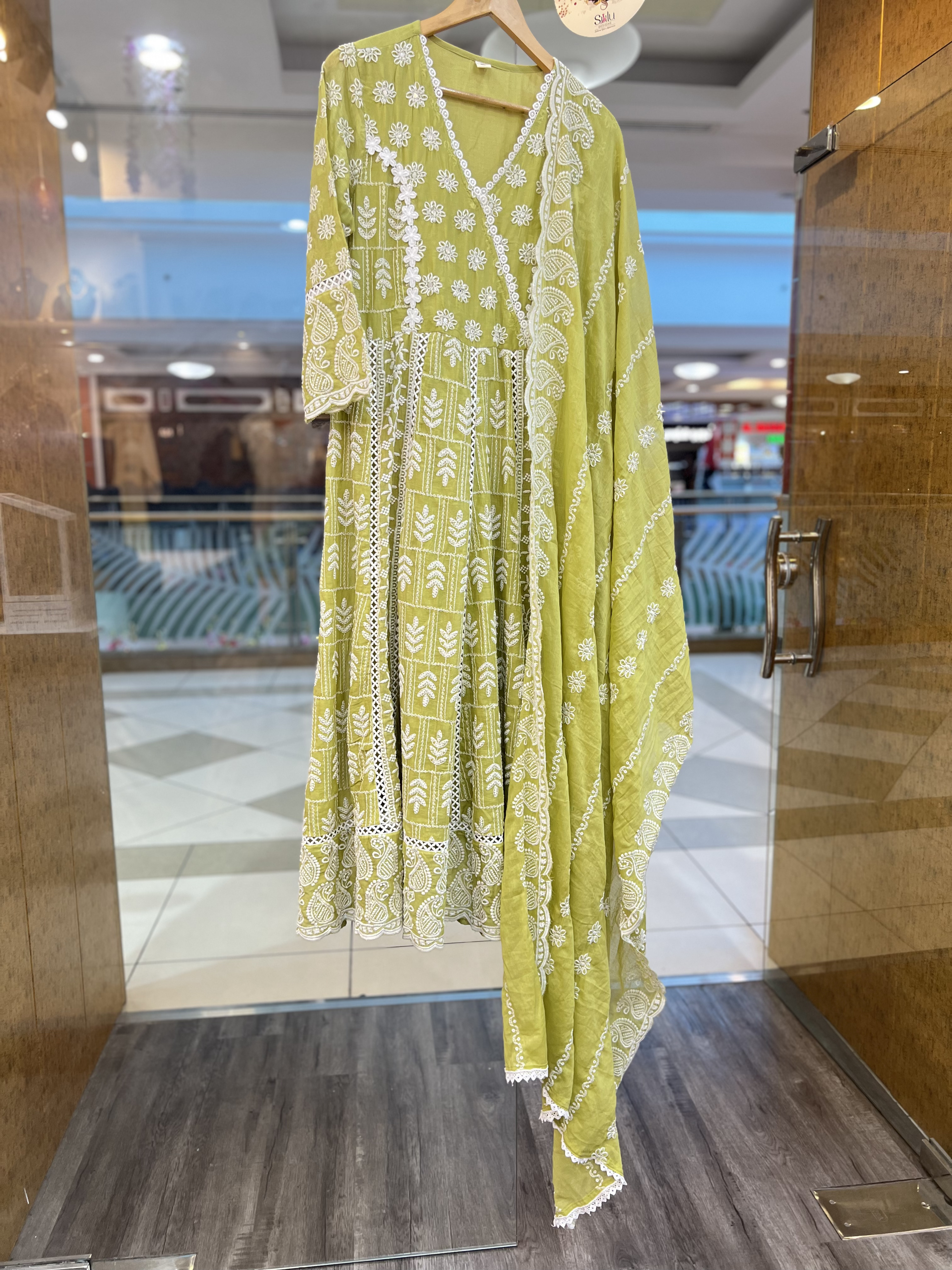 Lime Green Cotton Chikankari Anarkali Suit Set for Women | 3 Piece Embroidered Ethnic Wear with Dupatta