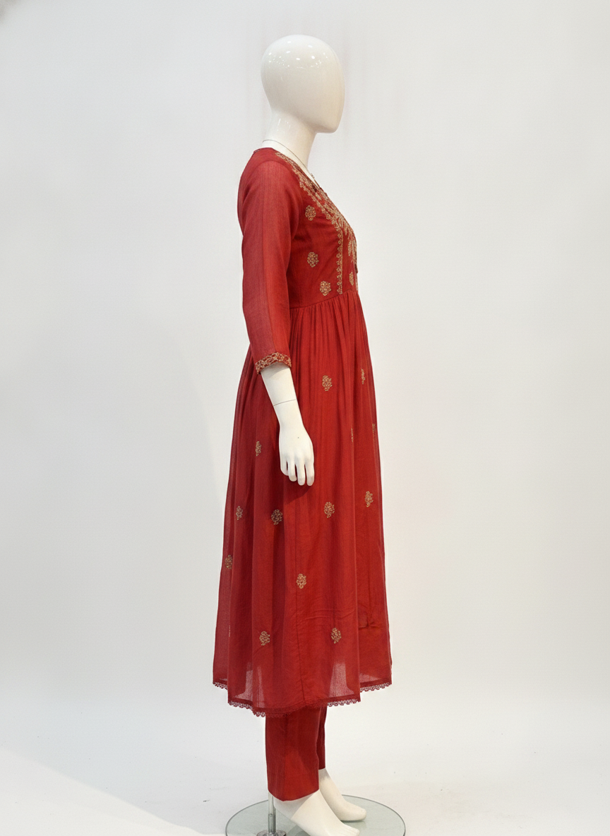 Women’s Red Mul Cotton Anarkali Suit Set with Dupatta | Elegant Embroidered Kurta Palazzo Set | Traditional Ethnic Wear for Festive, Party & Wedding Occasions