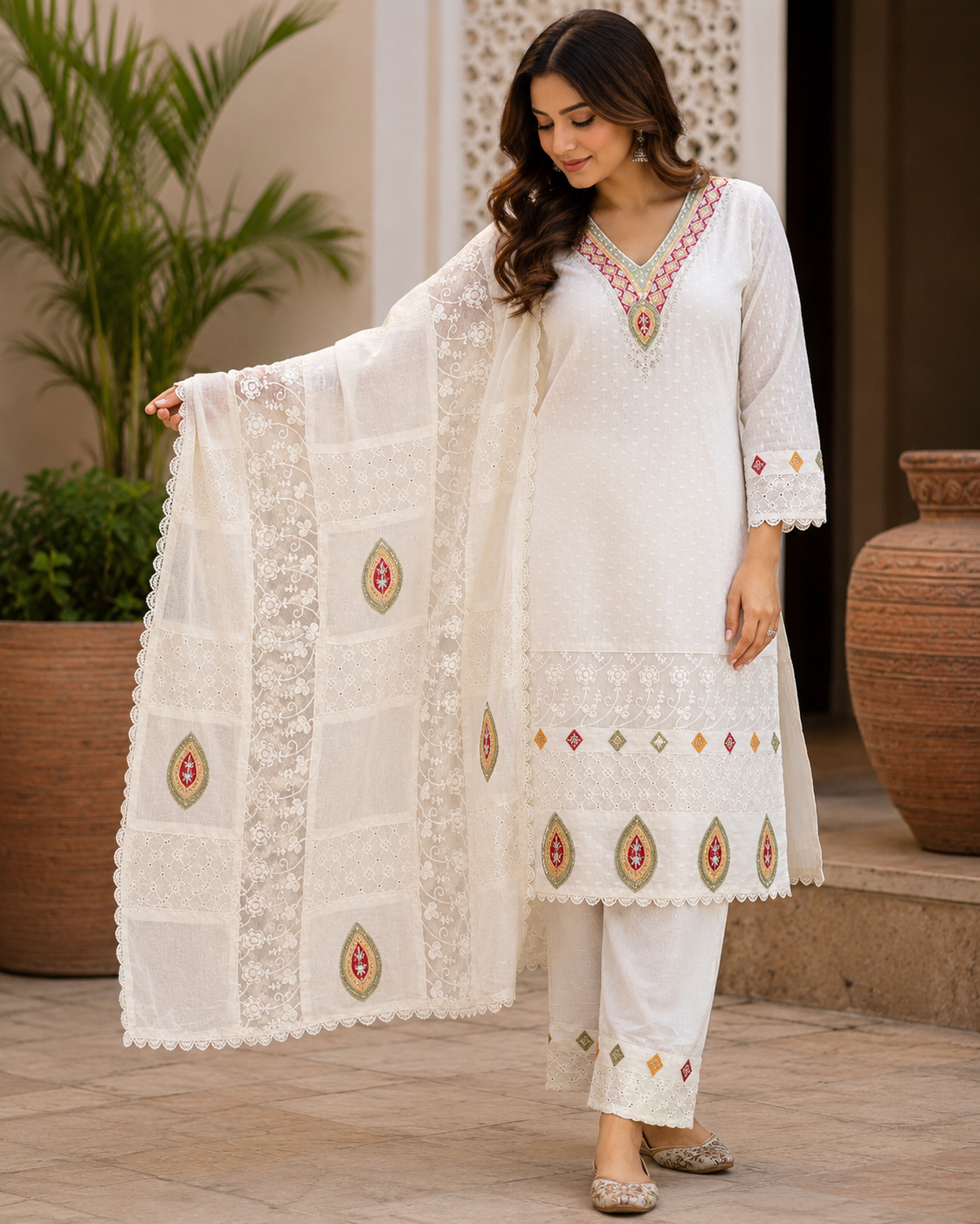Women’s White Chikankari Embroidered Cotton Three Piece Suit Set 
