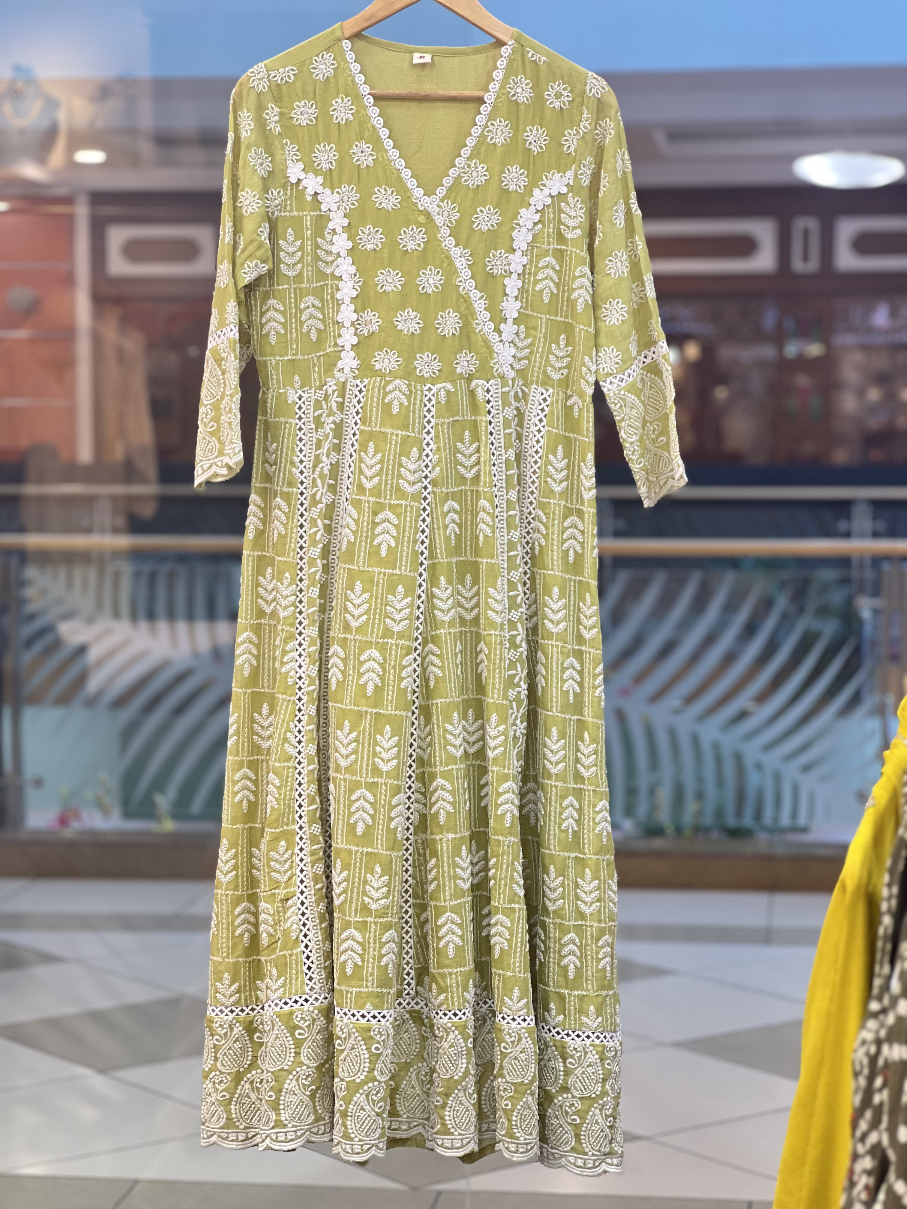 Lime Green Cotton Chikankari Anarkali Suit Set for Women | 3 Piece Embroidered Ethnic Wear with Dupatta