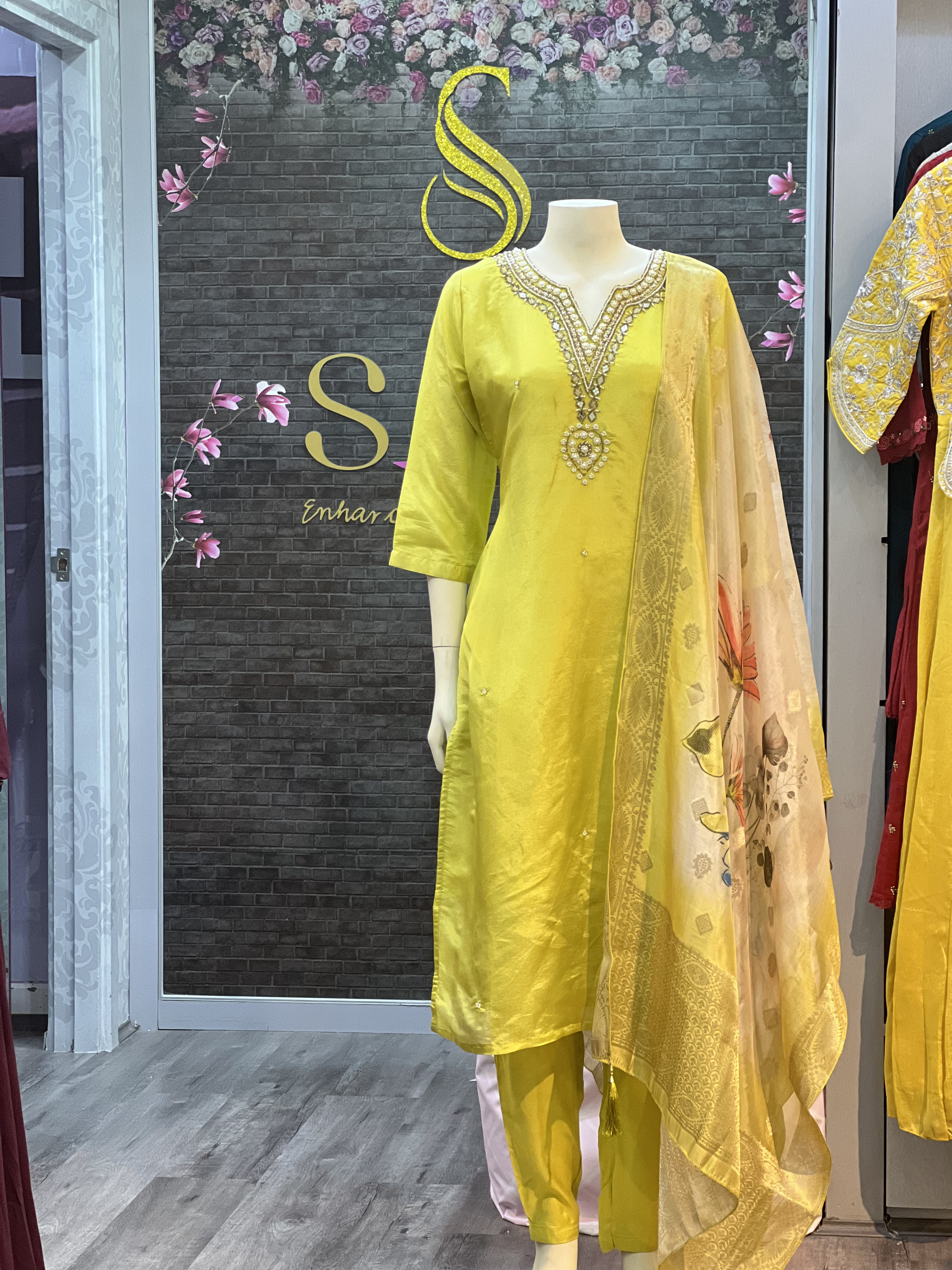 Tissue fabric Straight Kurta Pant Set with Dupatta 