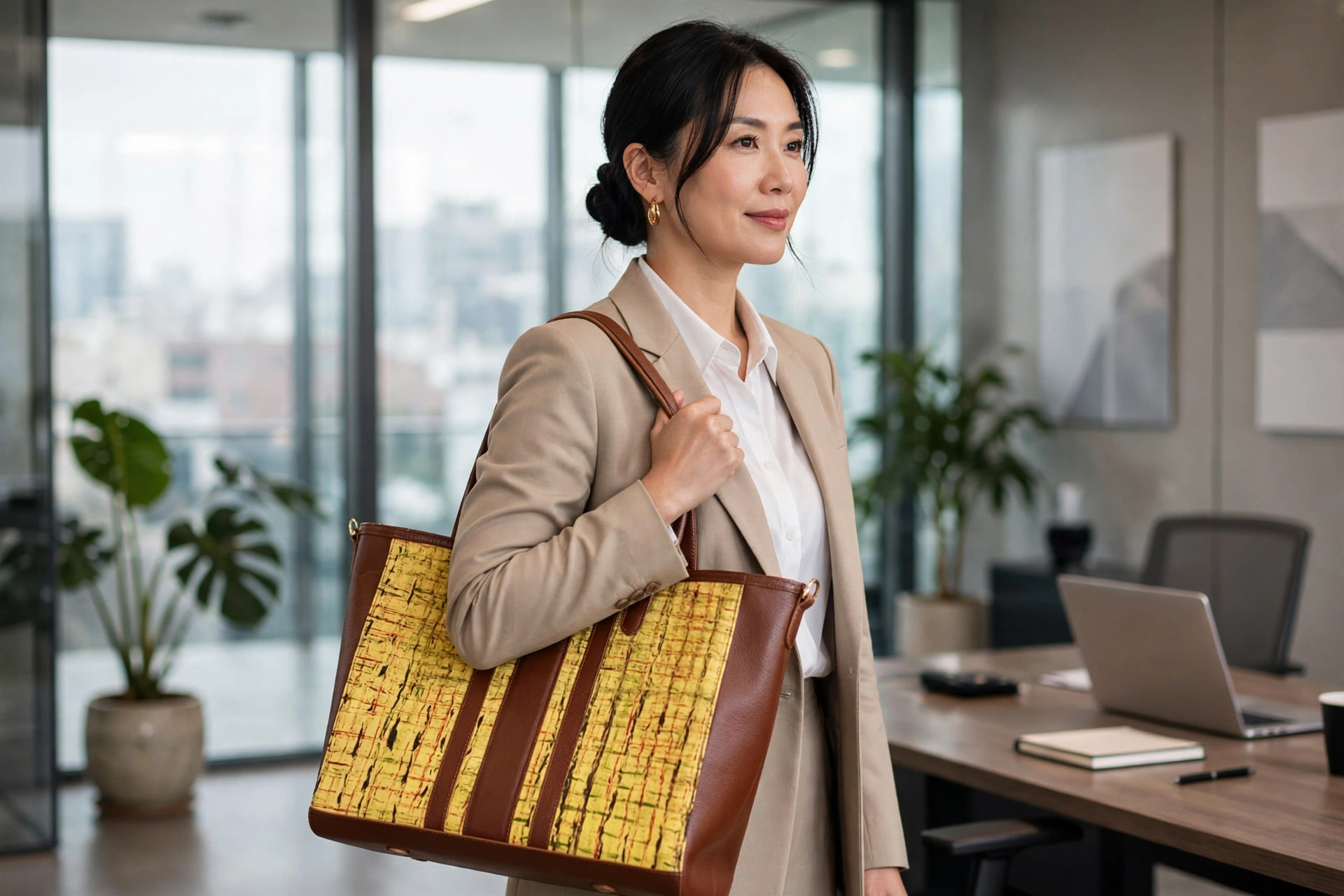 TOTE CUERO + ARTE TEXTIL