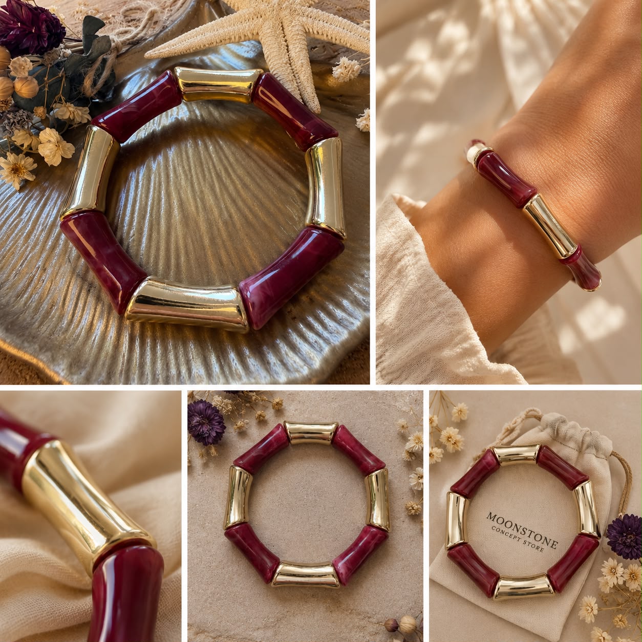 Bordo & Altın Detaylı Esnek Bambu Bileklik