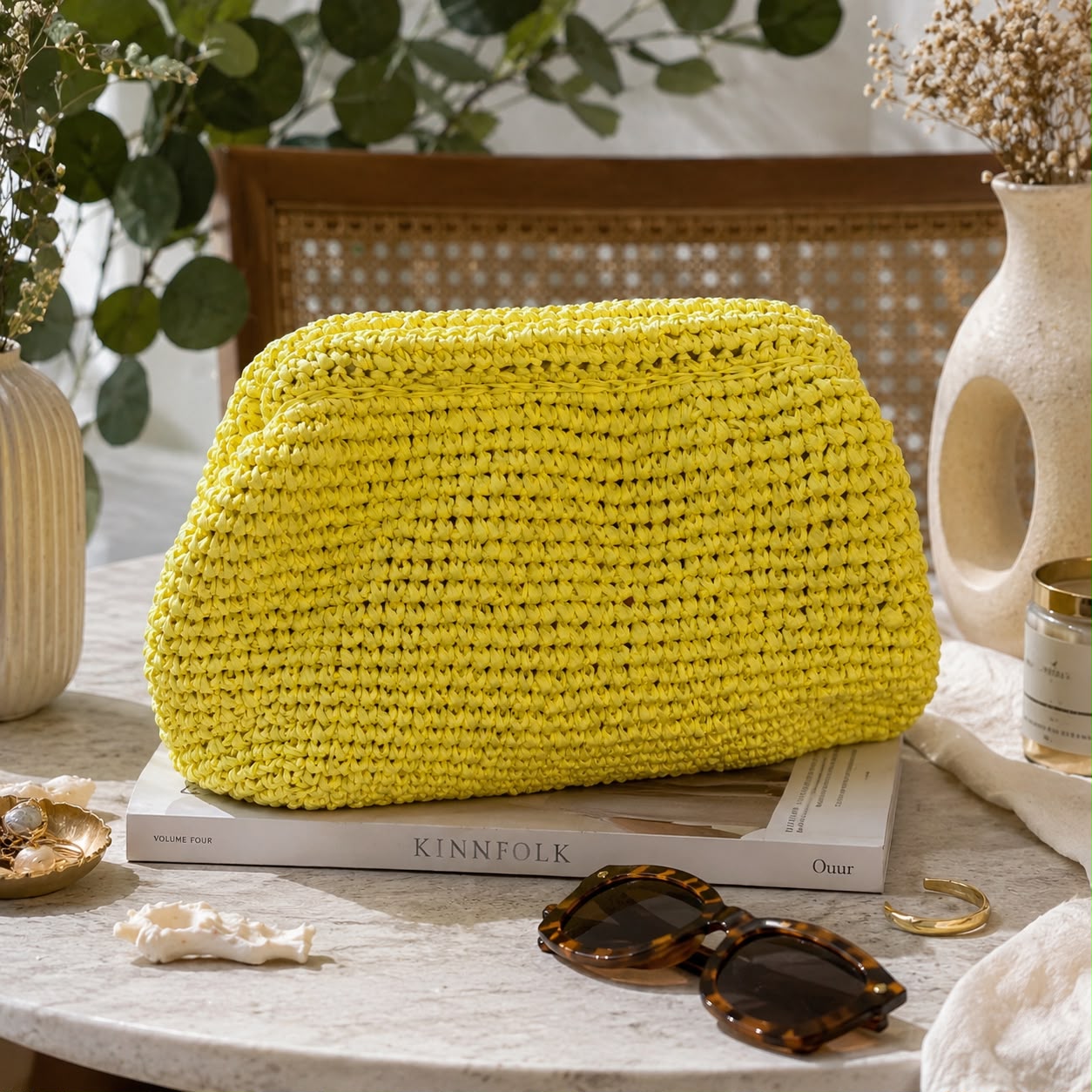Limon Işıltısı El Örgüsü Clutch Çanta