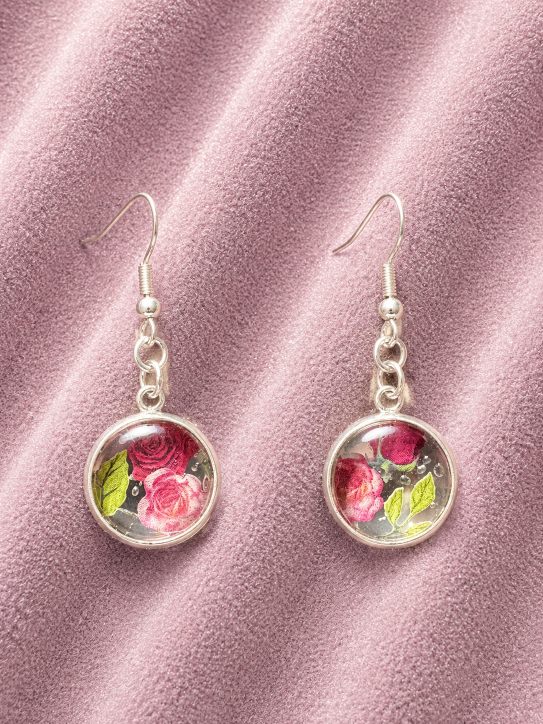 Boucles d'Oreilles Rondes en Verre avec Décoration Florale 