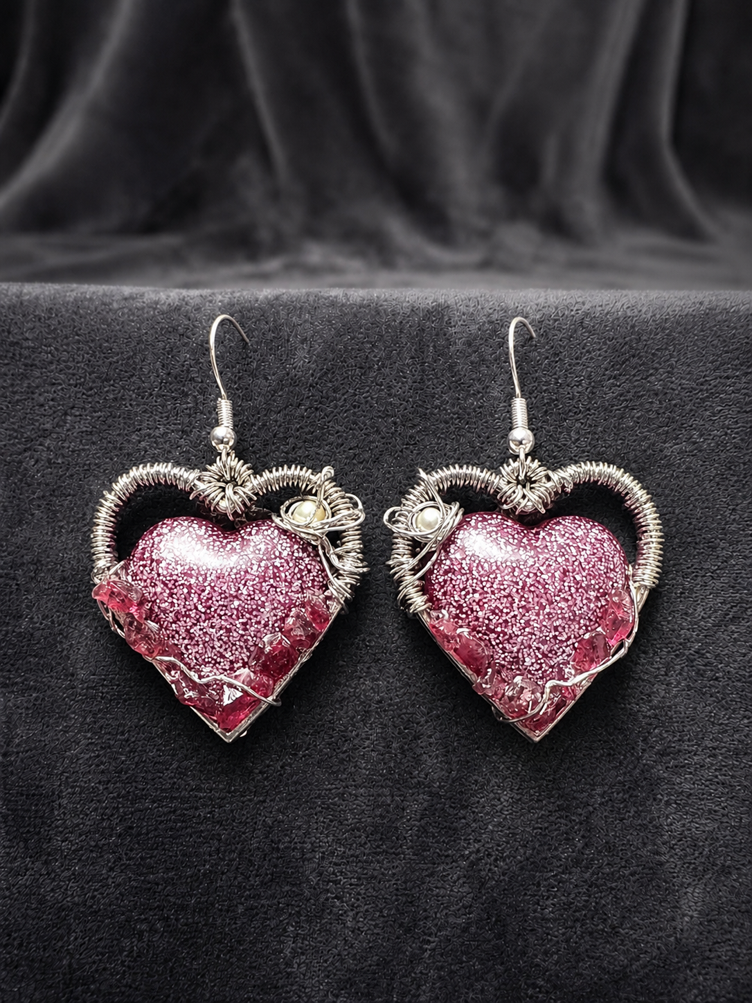 Boucles d'Oreilles Cœur en Résine Époxy, Grenat Naturel, Fil De Cuivre et Aluminium
