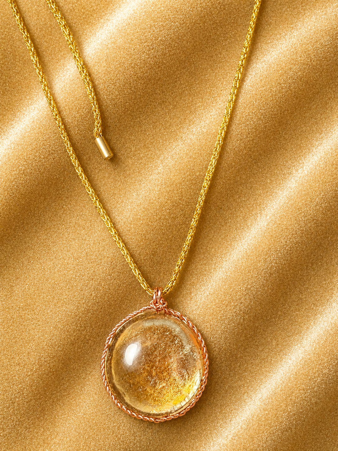 Pendentif Rond en Verre – Feuille de Métal et Cuivre Torsadé
