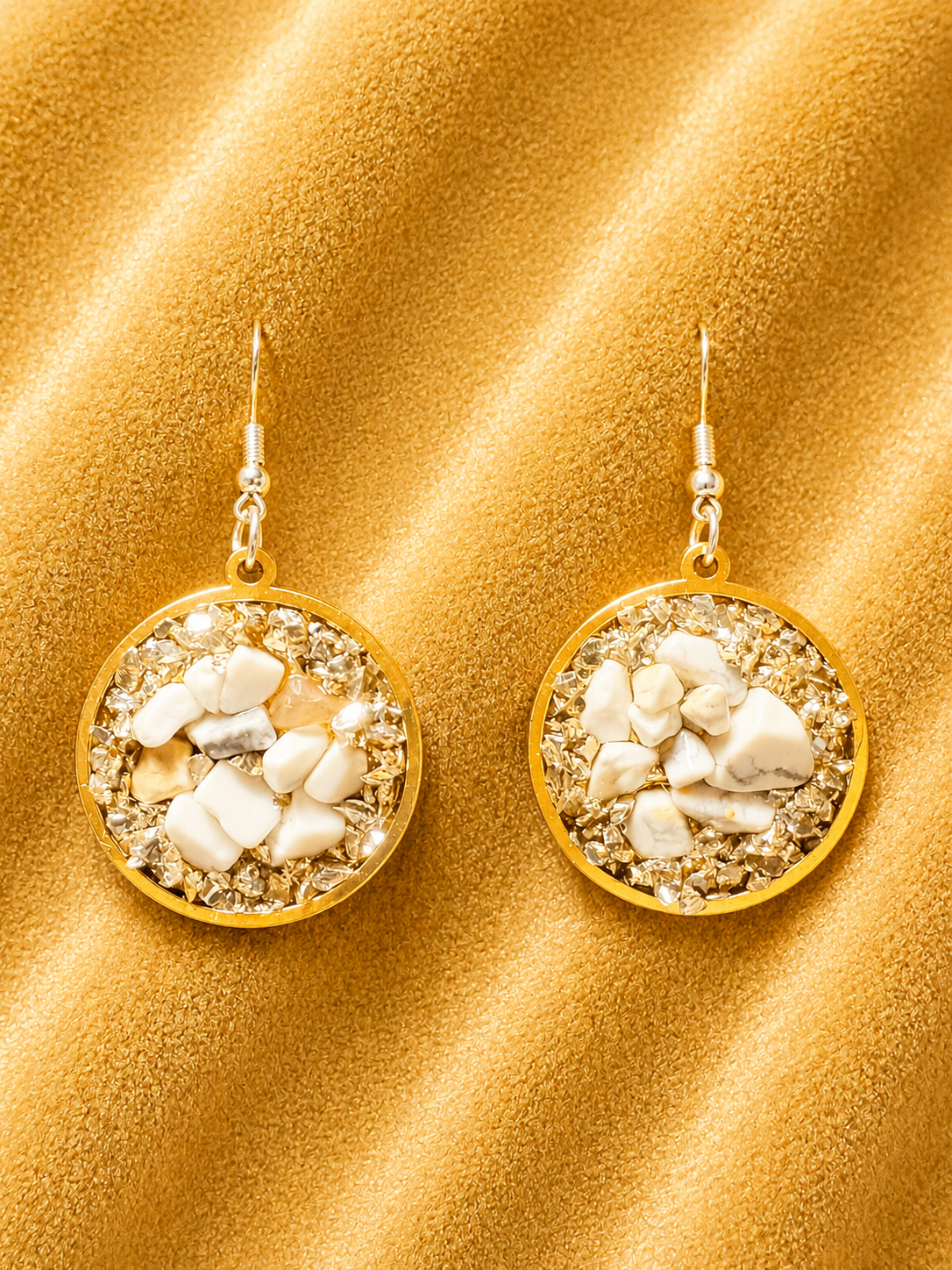 Boucles d'Oreilles Rondes en Pierre Naturelle Turquoise Blanche