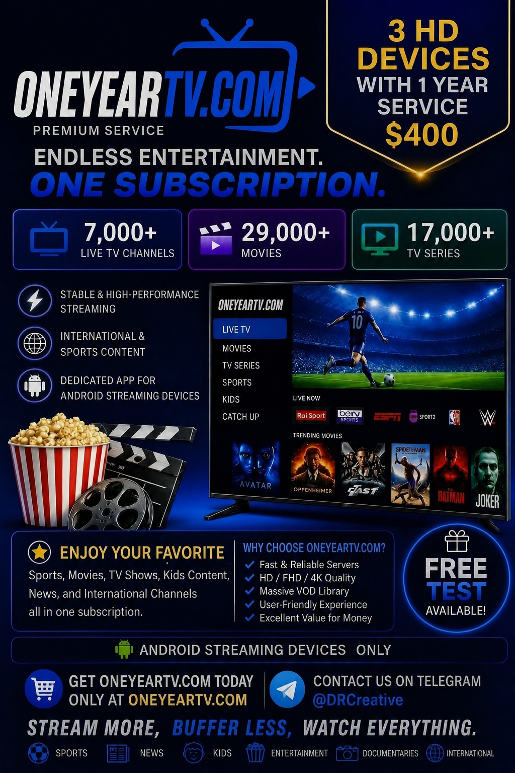 1 Year Premium Streaming Service With 3 FHD Devices With Voice Remote Included !