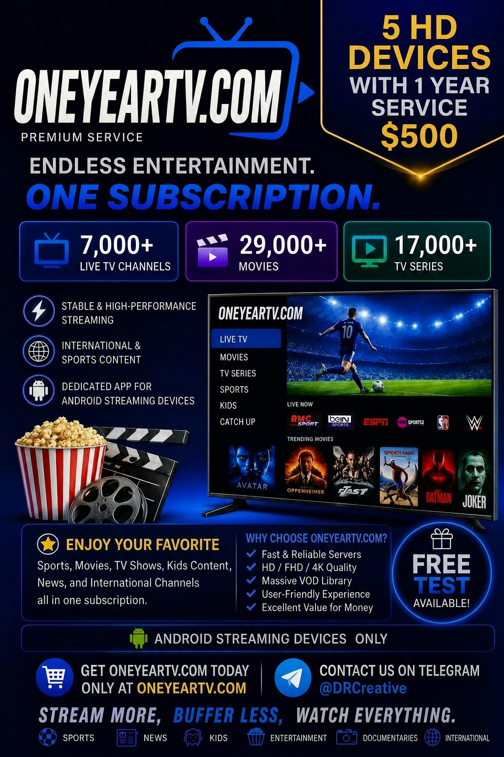 1 Year Premium Streaming Service With 5 FHD Android Streaming Devices Included With Voice Remote ! 