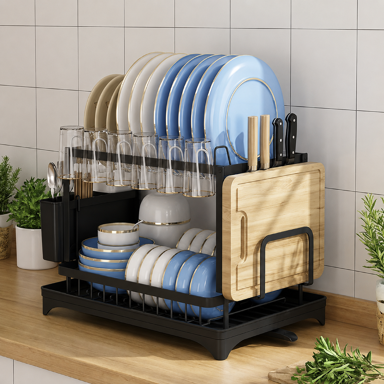 ESCURRIDOR PLATOS SECAPLATOS ORGANIZADOR COCINA REJILLA SECADO 2 NIVELES ACERO INOXIDABLE CON DESAGUE SOPORTE UTENSILIOS