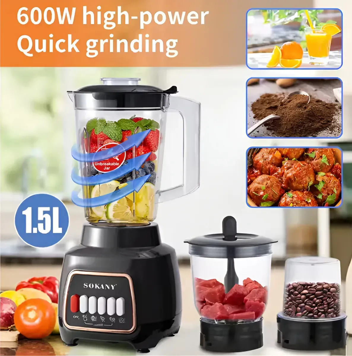 LICUADORA PROCESADORA MULTIFUNCION 3 EN 1 600W 1.5L 110V SOKANY 