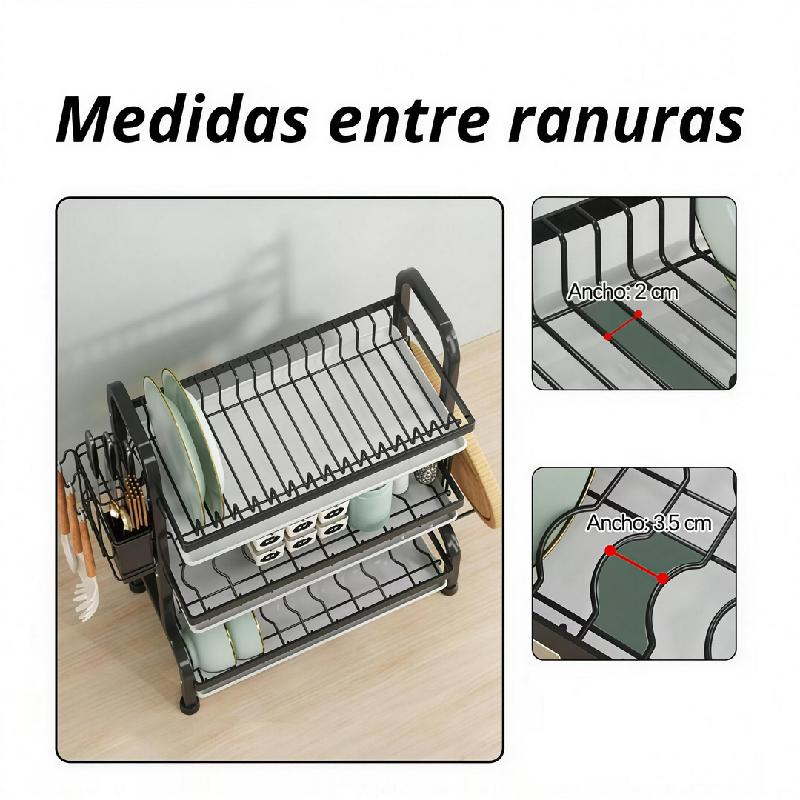 ORGANIZADOR ESCURRIDOR PLATOS 3 NIVELES ACERO CARBONO MULTIFUNCIONAL COCINA NEGRO SECAPLATOS AHORRA ESPACIO