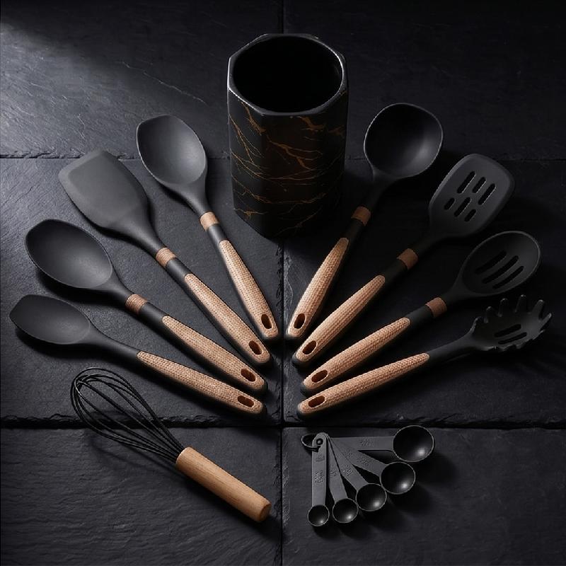 SET UTENSILIOS COCINA ACCESORIOS SILICONA HERRAMIENTAS ESPÁTULAS ANTIADHERENTES RESISTENTES CALOR 12 PIEZAS NEGRO