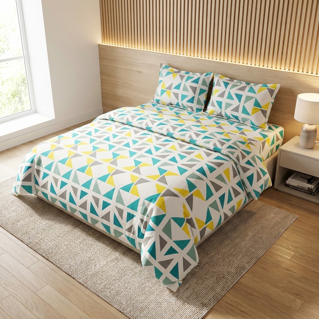 JUEGO DE SÁBANAS CON DISEÑO TRIANGULAR PARA CAMA 140X190CM COSTURAS REFORZADAS TRANSPIRABLE 