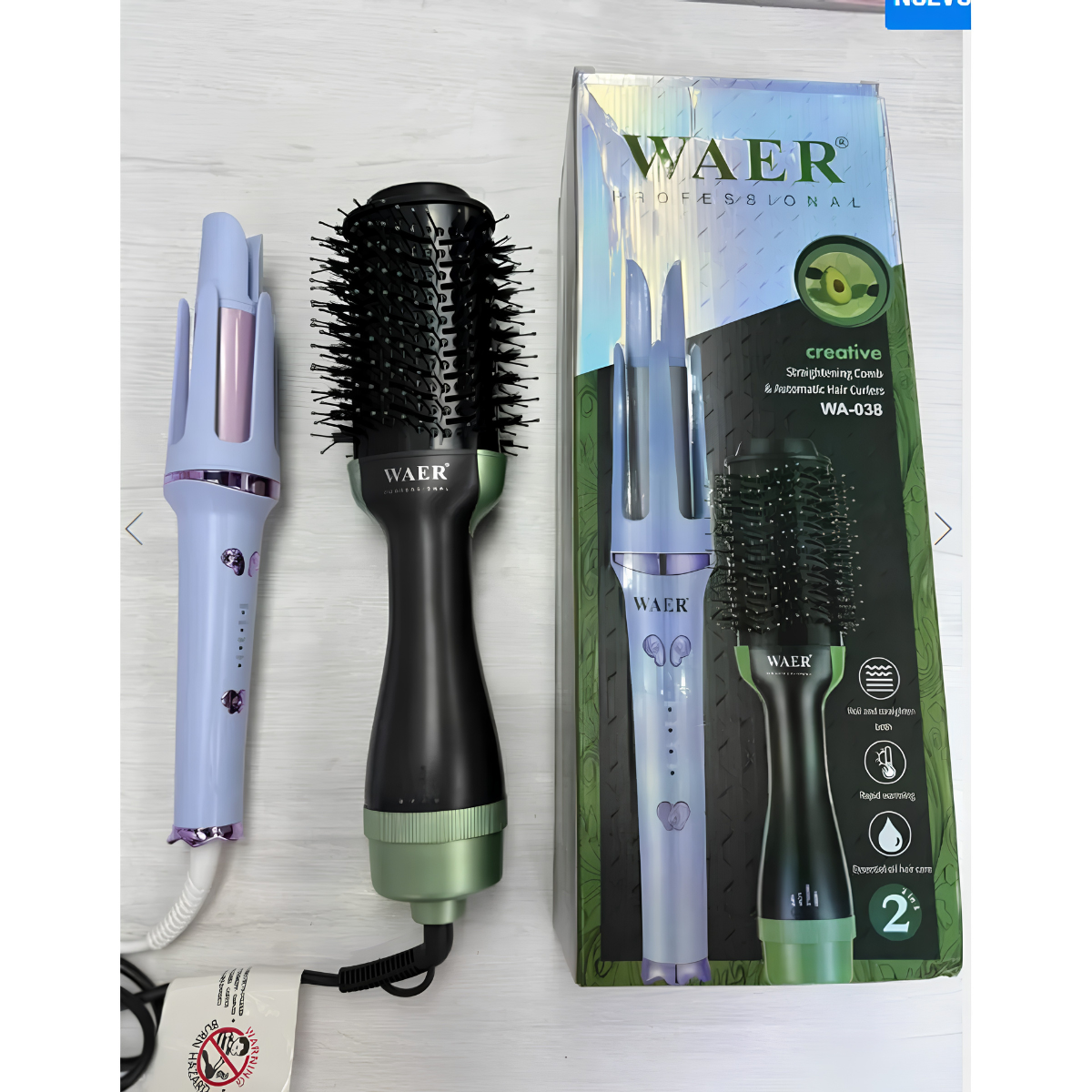 COMBO CEPILLO SECADOR Y RIZADOR AUTOMÁTICO WAER 2EN1 DE AIRE CALIENTE PARA TODO TIPO DE CABELLO
