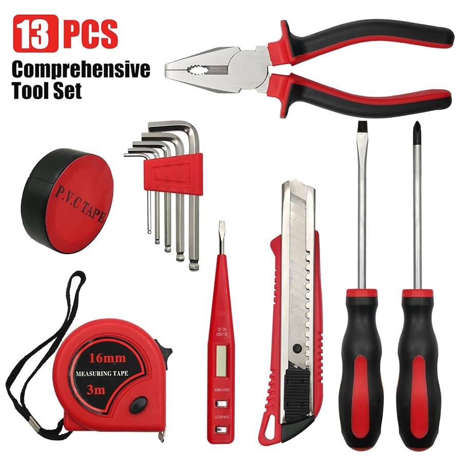 KIT HERRAMIENTAS X13 PIEZAS TOOL SET ESTUCHE PORTATIL ACERO CROMADO REPARACIONES HOGAR MULTIUSOS 
