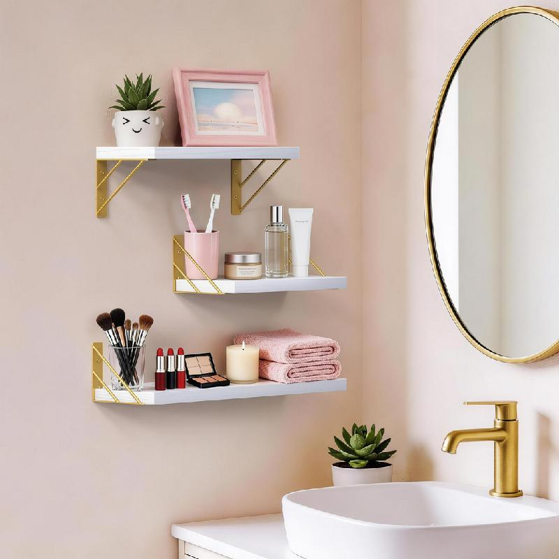 REPISAS FLOTANTES X3 ESTANTES PARED DECORATIVOS MADERA METAL ORGANIZADOR HOGAR MODERNO BLANCO