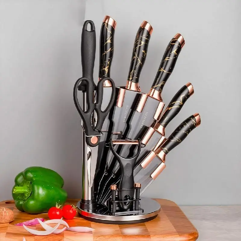 SET DE CUCHILLOS DE COCINA X8 PIEZAS CON BASE GIRATORIA KIT ANTIOXIDANTE MANGO ERGONOMICO 