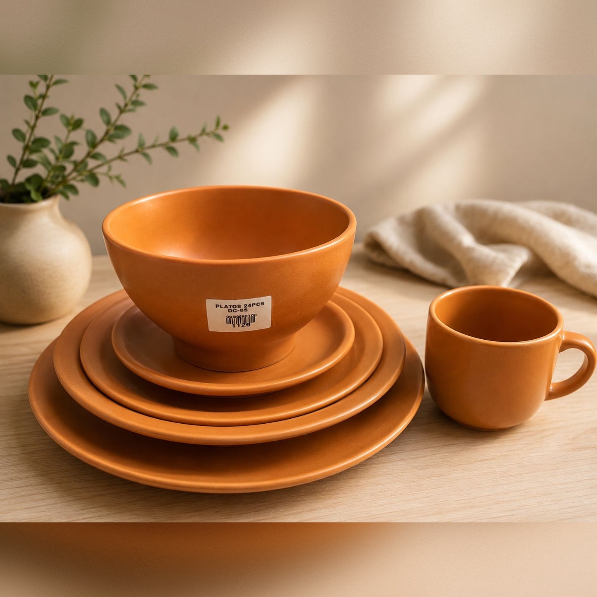 JUEGO DE VAJILLA DE 24 PIEZAS COLOR TERRACOTA PARA 4 PUESTOS DE CERÁMICA ELEGANTE