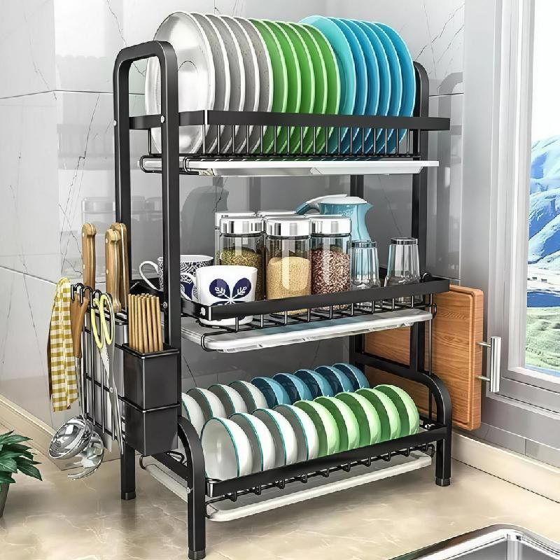 ORGANIZADOR ESCURRIDOR PLATOS 3 NIVELES ACERO CARBONO MULTIFUNCIONAL COCINA NEGRO SECAPLATOS AHORRA ESPACIO