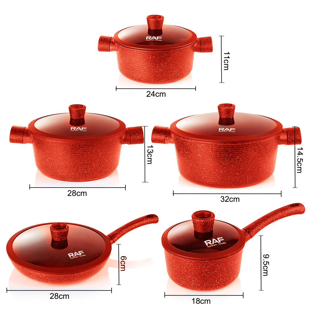 JUEGO DE OLLAS 5 PIEZAS CON ERGONÓMICAS DISTRIBUCIÓN UNIFORME CALOR ROJO COCINA