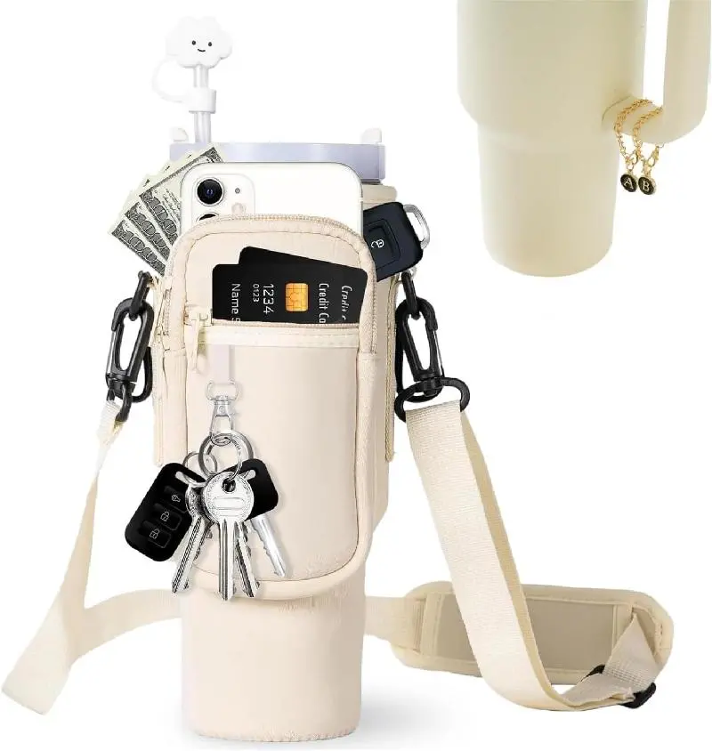 FUNDA PROTECTORA DE NEOPRENO PARA TERMO 40 ONZAS FORRO IMPERMEABLE ANTICHOQUE BEIGE 