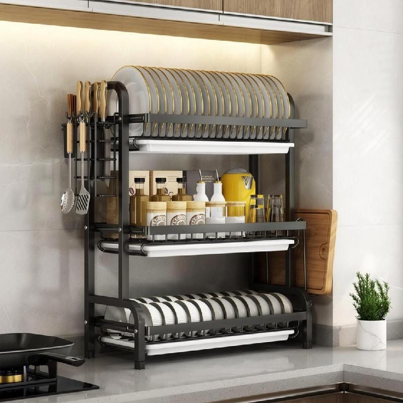 ORGANIZADOR ESCURRIDOR PLATOS 3 NIVELES ACERO CARBONO MULTIFUNCIONAL COCINA NEGRO SECAPLATOS AHORRA ESPACIO