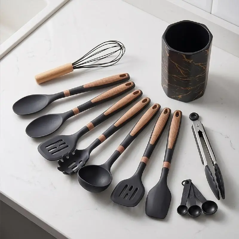 SET UTENSILIOS COCINA ACCESORIOS SILICONA HERRAMIENTAS ESPÁTULAS ANTIADHERENTES RESISTENTES CALOR 12 PIEZAS NEGRO