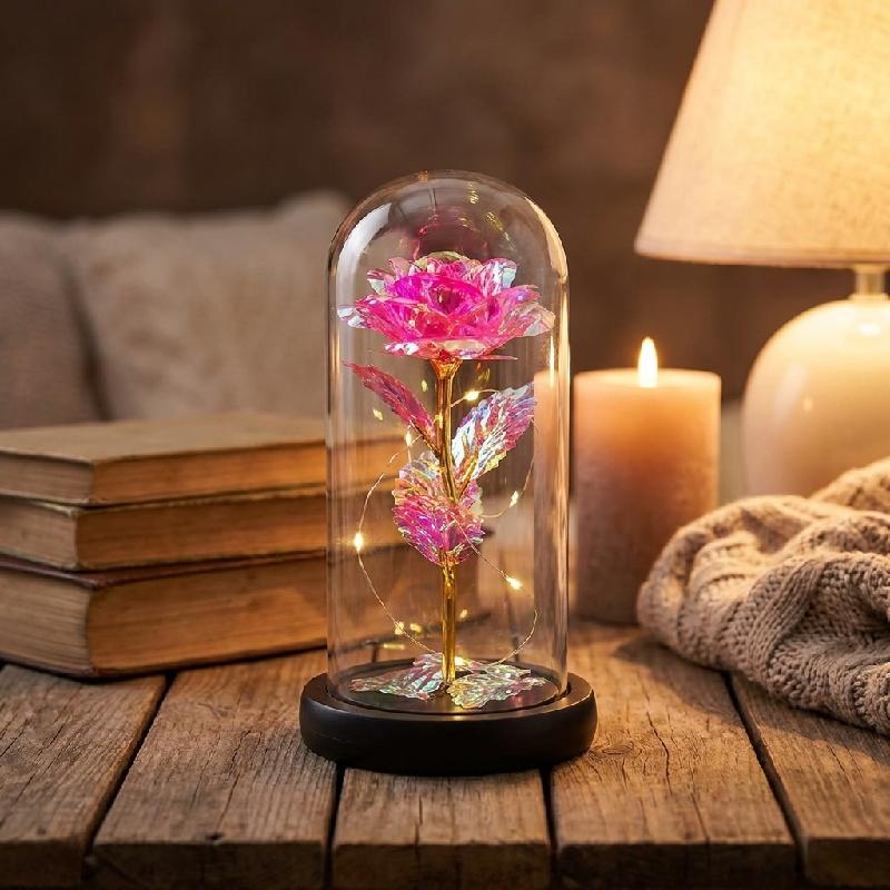 ROSA ETERNA ARTIFICIAL FLOR CON LUZ LED CUPULA TRANSPARENTE LAMPARA DECORATIVA FUSCIA
