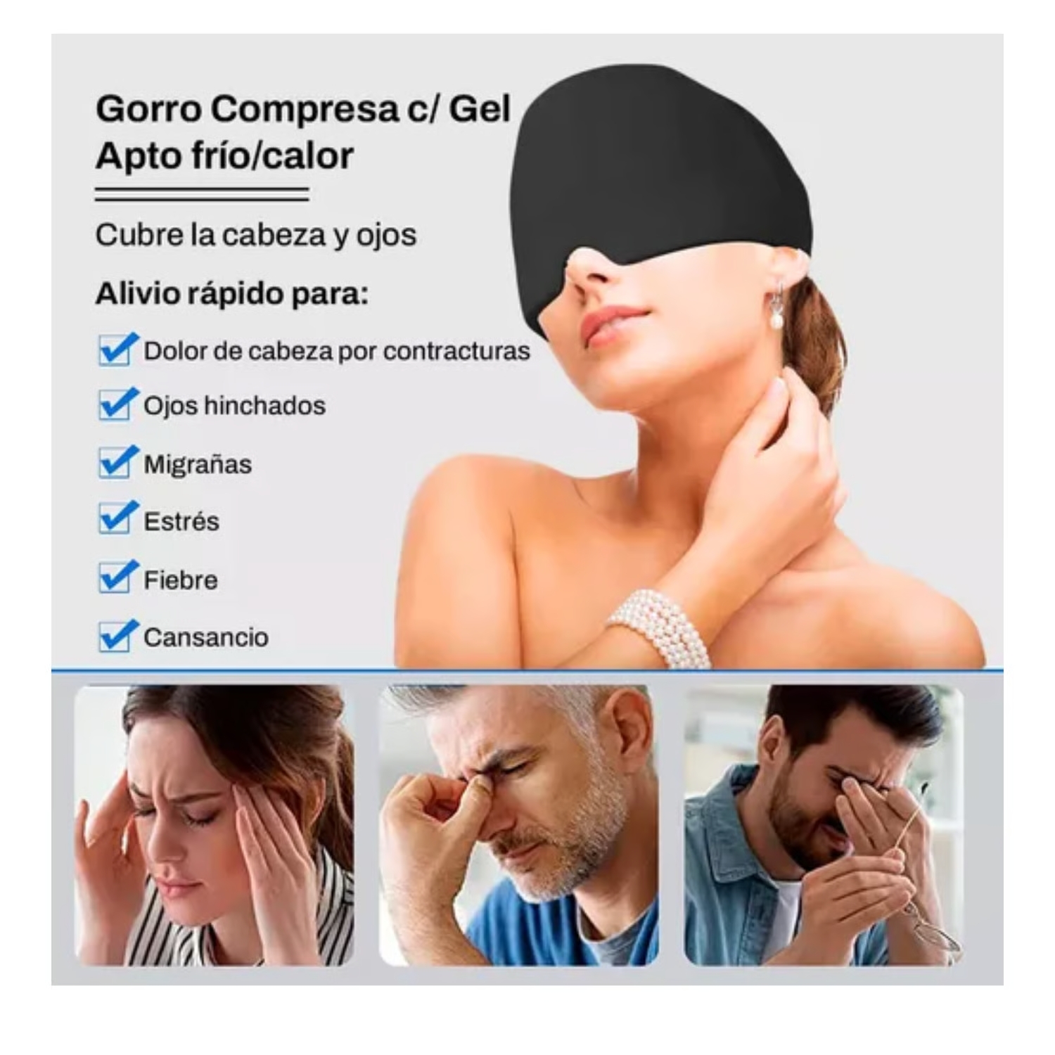 GORRO DE GEL PARA MIGRAÑA ANTIFAZ FRÍO Y CALOR REUTILIZABLE ALIVIO DE DOLOR DE CABEZA ESTRÉS SINUSAL