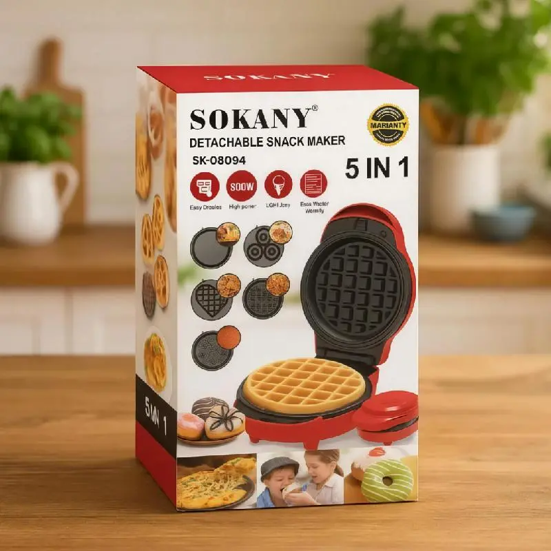 MINI WAFLERA MAQUINA PARA DONAS MAQUINA SNACKS 5 EN 1 PLACAS INTERCAMBIABLES 600W ANTIADHERENTE SOKANY 