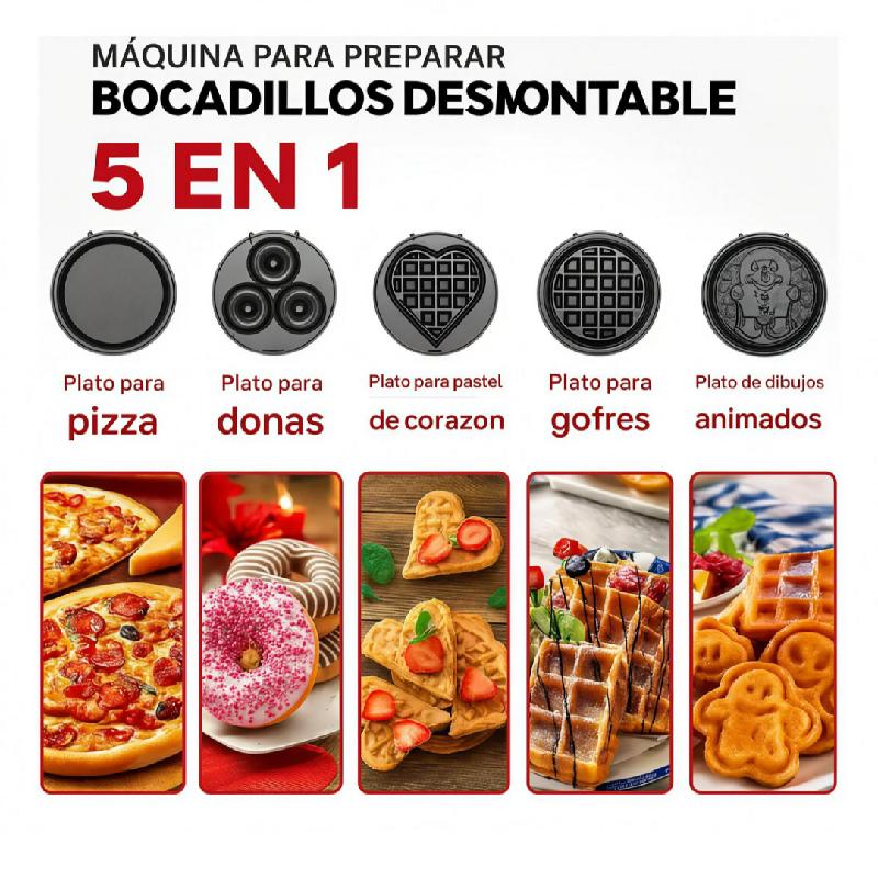 MINI WAFLERA MAQUINA PARA DONAS MAQUINA SNACKS 5 EN 1 PLACAS INTERCAMBIABLES 600W ANTIADHERENTE SOKANY 