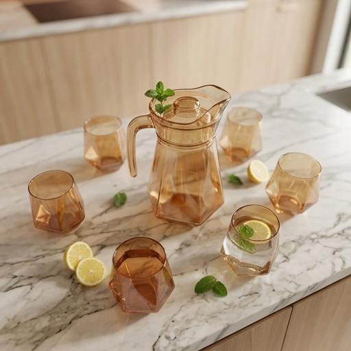SET DE JARRA Y 6 VASOS DE VIDRIO CON DISEÑO DIAMANTE JARRA 1.4L CON TAPA VASOS 330ML 