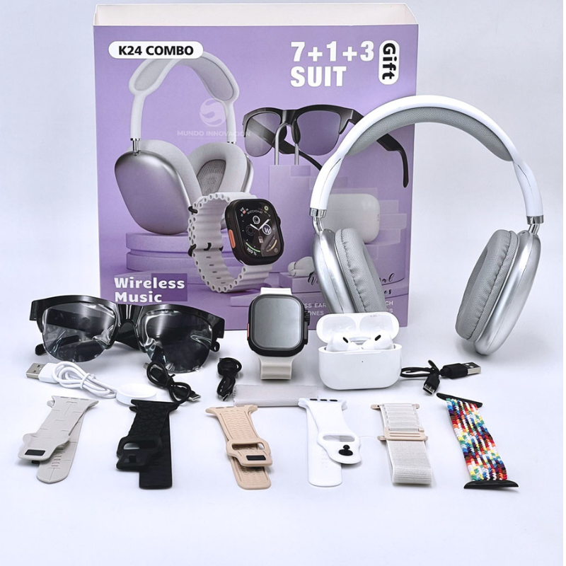 COMBO K24 SMARTWATCH 7 CORREAS + AUDÍFONOS AIRPODS + GAFAS SOL BLUETOOTH ANDROID IOS