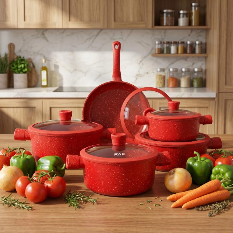JUEGO DE OLLAS 5 PIEZAS CON ERGONÓMICAS DISTRIBUCIÓN UNIFORME CALOR ROJO COCINA